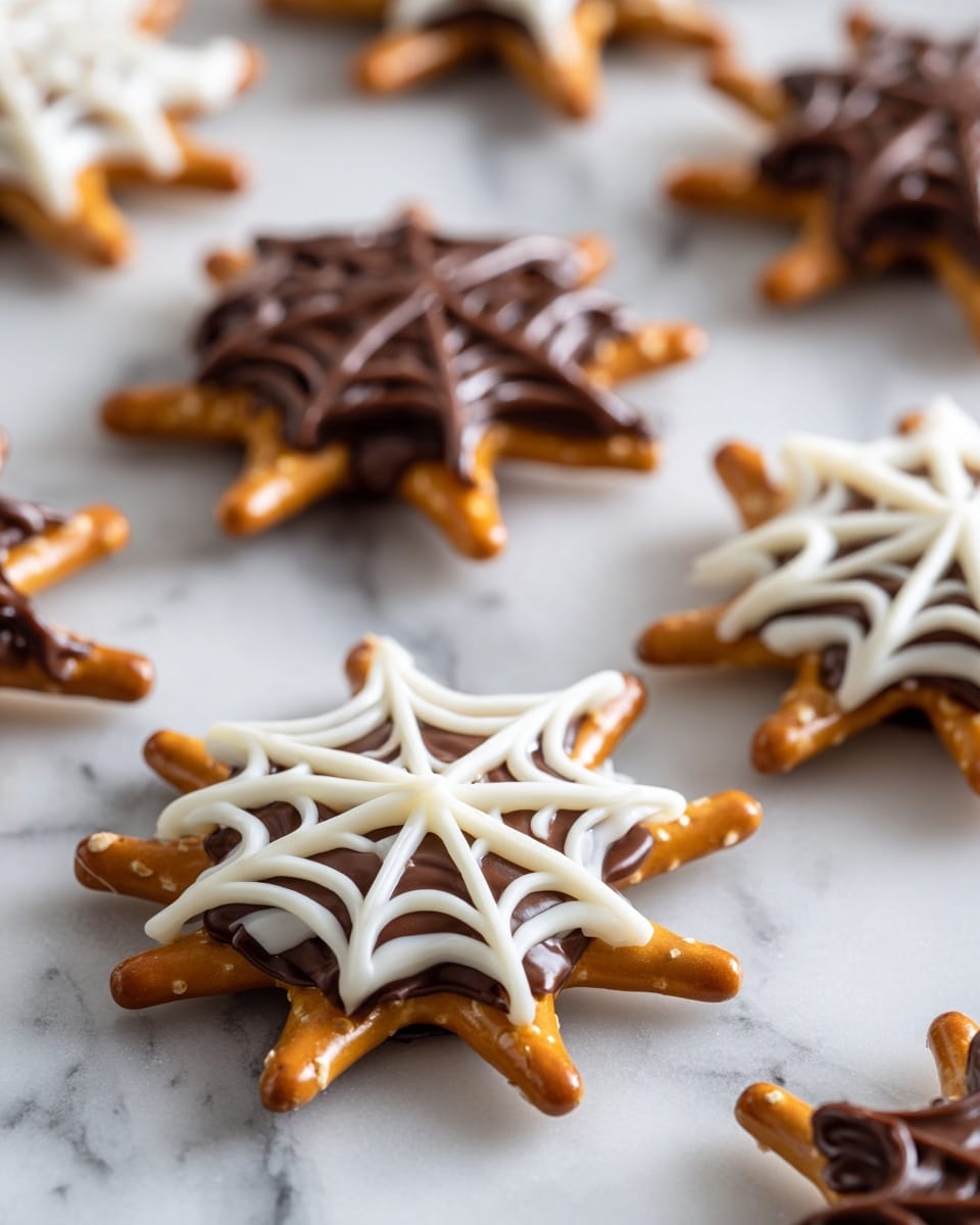 The image shows small spider web shapes made from pretzel sticks arranged in layers on a white marbled surface. Each web has six or seven light brown pretzel sticks forming the spokes in a star shape. One web is decorated with smooth white icing, which spirals out from the center following the lines of the pretzels in several rings. Another web is covered with shiny dark chocolate icing in a spiral pattern around the pretzels. In the background, there are more webs with dark chocolate decoration, all placed on white parchment paper over the white marbled surface. The overall look is neat and simple with a mix of light brown, white, and dark brown colors. photo taken with an iphone --ar 4:5 --v 7