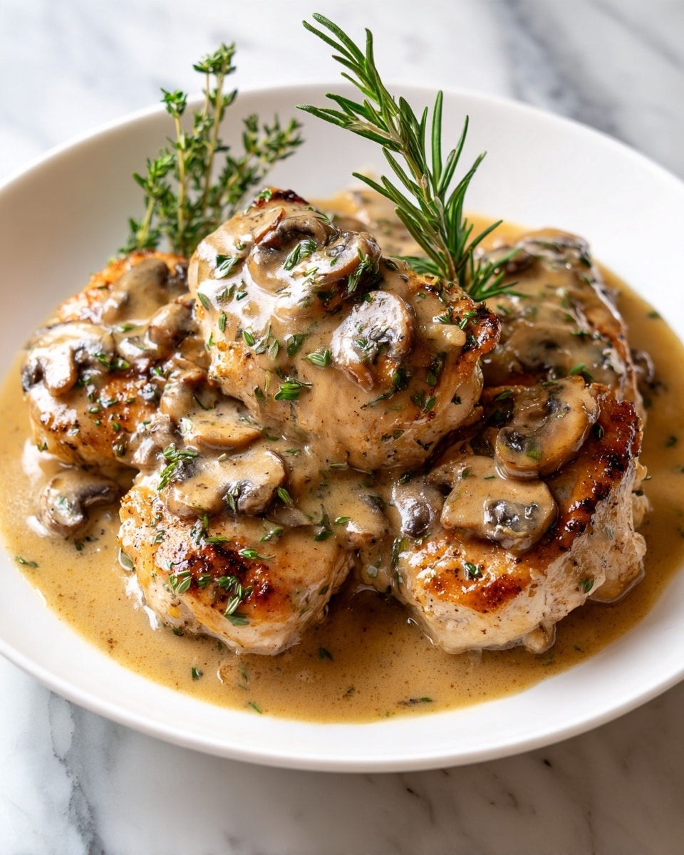 A white round plate holds five pieces of browned cooked meat, stacked in a rough pile. Each piece is covered with a thick layer of glossy brown mushroom sauce, with slices of mushrooms visible on the sauce. Small green herb leaves are sprinkled over the sauce and meat. Around the edges and top of the meat, whole sprigs of fresh green herbs lie loosely arranged. The plate sits on a white marbled textured surface. photo taken with an iphone --ar 4:5 --v 7