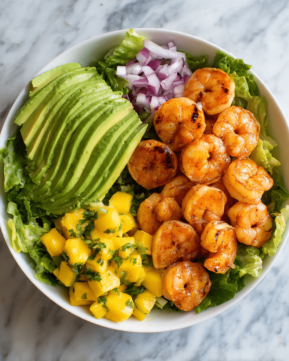 A white bowl filled with three main layers: on the right side, there is a pile of grilled shrimp with a dark orange color and charred marks, placed on a bed of green leafy lettuce; on the left side are six slices of bright green avocado neatly fanned out, sprinkled with white seeds; at the bottom center is a colorful mix of diced yellow mango, green bell pepper, and red onion, topped with finely chopped fresh green herbs. The bowl is set on a white marbled surface. photo taken with an iphone --ar 4:5 --v 7
