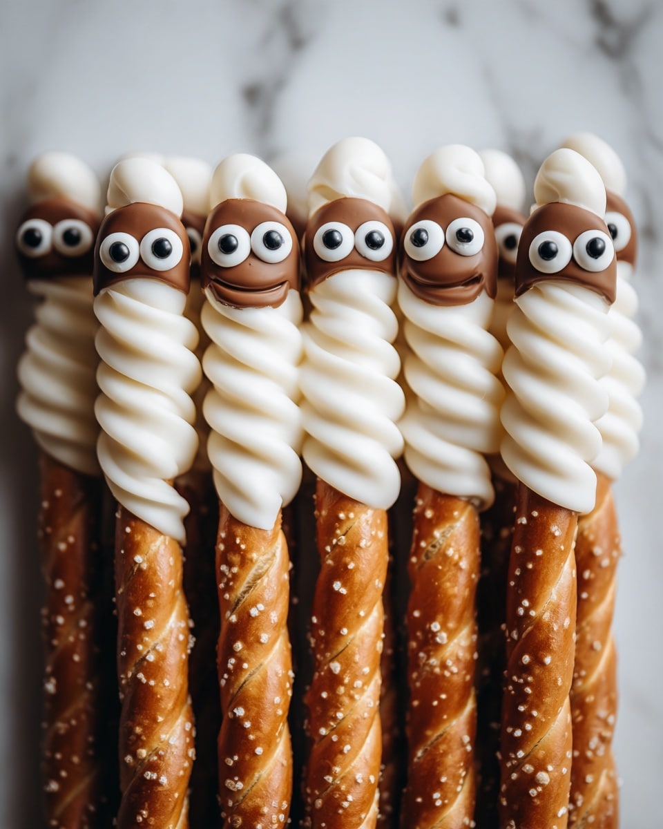 The image shows a group of pretzel sticks arranged closely together on a white marbled surface. Each pretzel is dipped halfway in white chocolate with a smooth texture, and a second layer of white chocolate is drizzled in a zigzag pattern on top, creating a mummy-like look. At the top of each coated part, two small candy eyes are placed, giving the pretzels a playful and spooky character. The bottom half of the pretzels is left plain with a golden-brown color and small salt crystals visible, contrasting with the creamy white coating. photo taken with an iphone --ar 4:5 --v 7