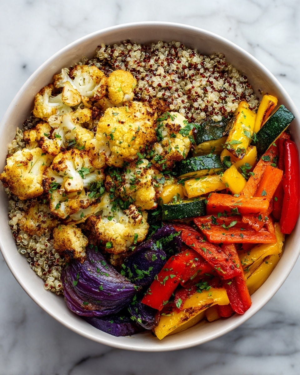 A bowl filled with cooked quinoa as the base layer, showing small round grains in white and reddish tones. On top, there are several pieces of grilled vegetables: bright orange sweet potatoes, red and yellow bell peppers, purple onion slices, green zucchini pieces, and light yellow cauliflower florets with some char marks. The vegetables are scattered unevenly over the quinoa, and fresh green herbs are sprinkled throughout the dish, adding contrast to the warm colors. The bowl is white with a thin brown rim, placed on a white marbled surface. photo taken with an iphone --ar 4:5 --v 7