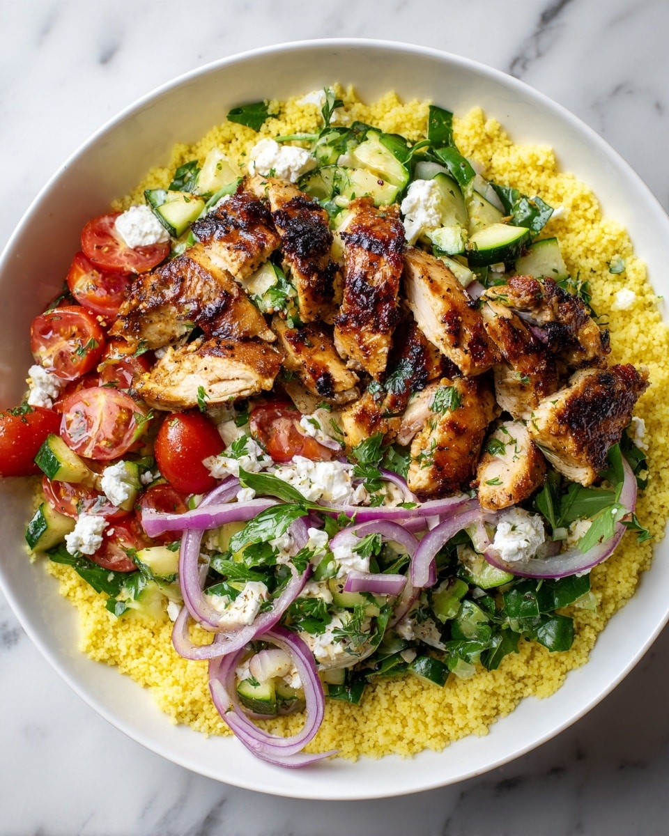 A large white bowl filled with a base layer of yellow couscous grains with a fluffy texture, mixed with scattered bright green chopped parsley and small chunks of white feta cheese. On top of the couscous sits a colorful salad layer composed of green cucumber cubes, halved red cherry tomatoes, thin slices of purple red onion, and finely chopped fresh herbs. The top layer shows slices of golden brown grilled chicken, each piece seared with dark grill marks and arranged in a neat row across the center. The dish is vibrant, with contrasting colors and textures, all set against a white marbled surface. Photo taken with an iphone --ar 4:5 --v 7