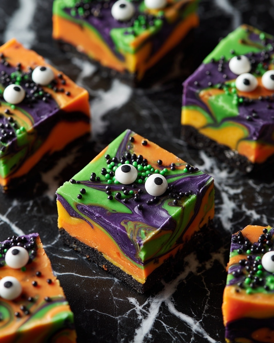 The image shows eight square pieces of colorful bark candy on a black marbled surface. Each piece has a swirled base layer of bright orange and green colors mixed with some dark spots, giving a marbled look. On top, there are many small green rod-shaped sprinkles and tiny round black sprinkles scattered all over. Each piece is decorated with two or three large white candy eyes, each with a black dot in the center, creating a playful, spooky appearance. The pieces vary slightly in shape but are mostly square with rough edges. photo taken with an iphone --ar 4:5 --v 7