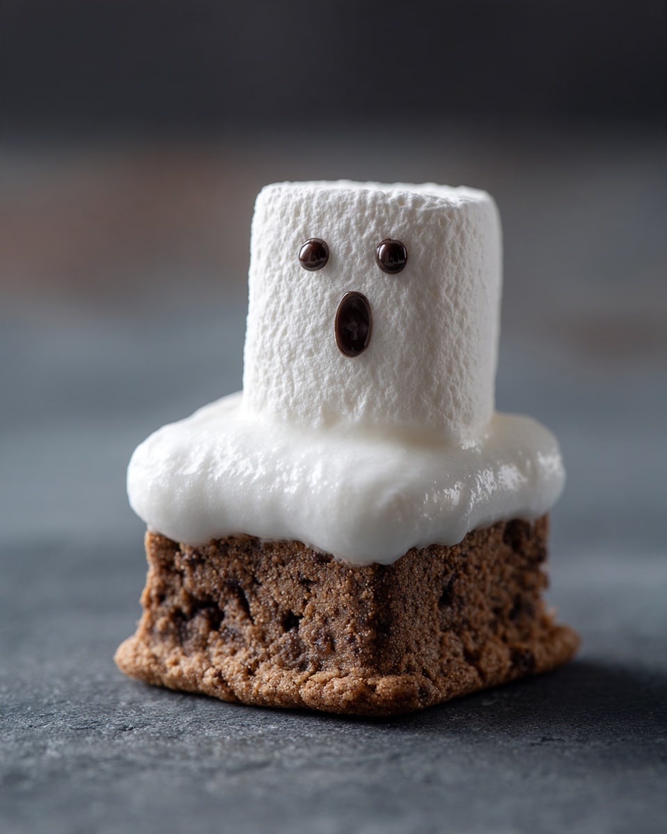 The image shows a close-up of three chocolate chip cookies, each topped with a white marshmallow shaped like a small ghost. Each ghost marshmallow has two small black eyes and a round black mouth, giving a surprised expression. The marshmallow appears melted slightly at the base, draping softly over the cookie surface. The cookies rest on a dark background that contrasts with their light colors, but the requested background is a white marbled texture. photo taken with an iphone --ar 4:5 --v 7