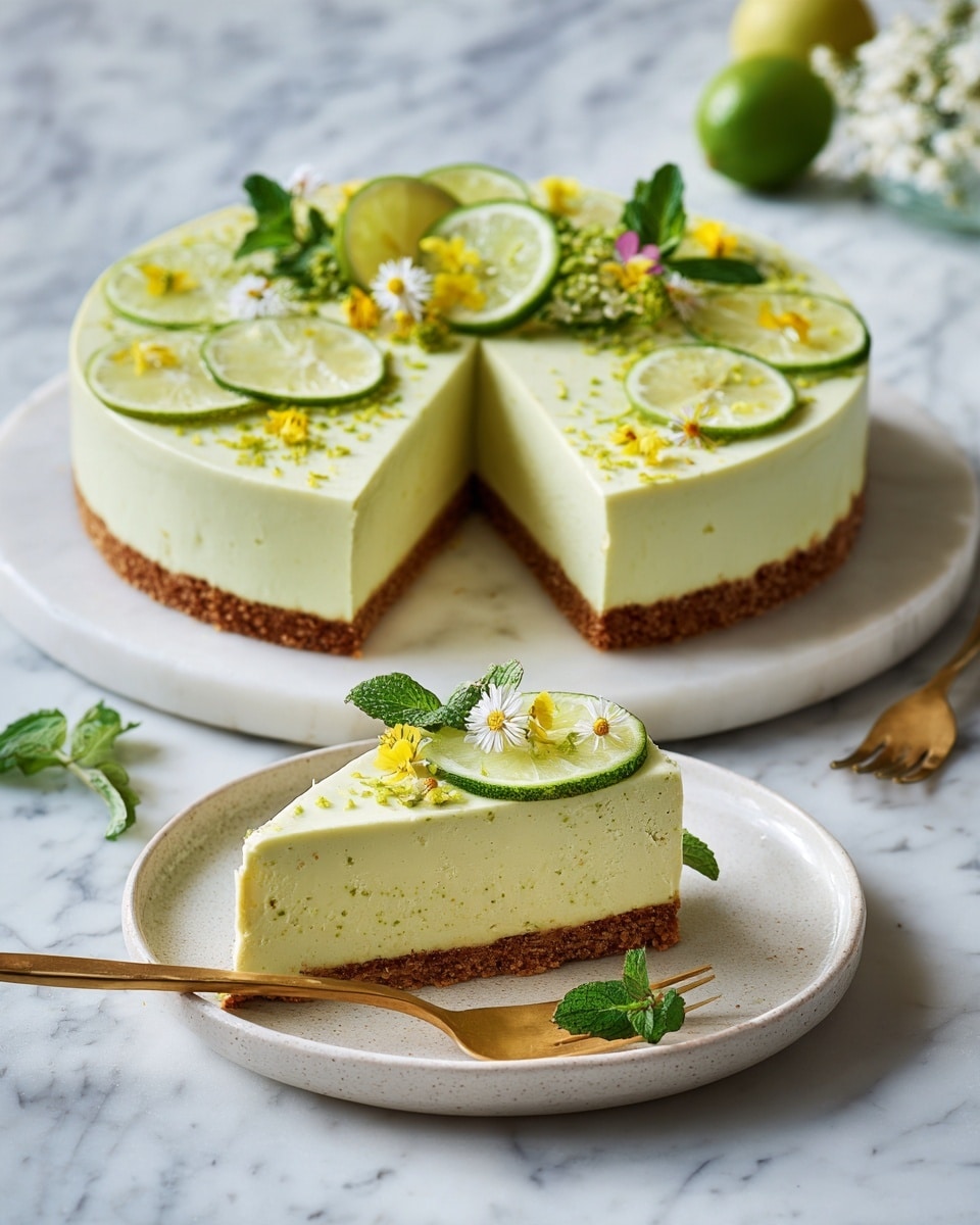 The image shows a round lime cheesecake with three visible layers: a light brown crumbly crust at the bottom, a thick pale yellow creamy middle layer, and a smooth pale yellow top layer sprinkled with lime zest. The cheesecake has one slice removed, which sits on a white plate below the main cake, topped with a lime slice, small green leaves, and tiny yellow flowers. The whole cake is decorated on top with thin lime slices arranged in a fan shape around a cluster of fresh green mint leaves and small edible flowers. The cheesecake and slice are placed on a white marbled surface. A gold fork rests near the sliced piece. Photo taken with an iphone --ar 4:5 --v 7