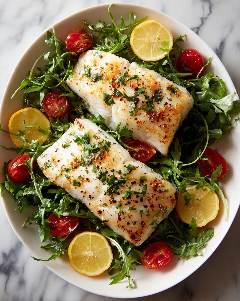 The image shows a white plate with two thick, grilled white fish fillets placed side by side on a bed of mixed green leafy vegetables including arugula and parsley. The fish fillets have a light golden brown sear with small green herb sprinkles on top. Around the fish, there are whole and halved bright red cherry tomatoes, adding pops of color. Beneath the fish and greens, two thin slices of lemon are partially visible, adding a soft yellow contrast. The plate is set against a white marbled surface. photo taken with an iphone --ar 4:5 --v 7