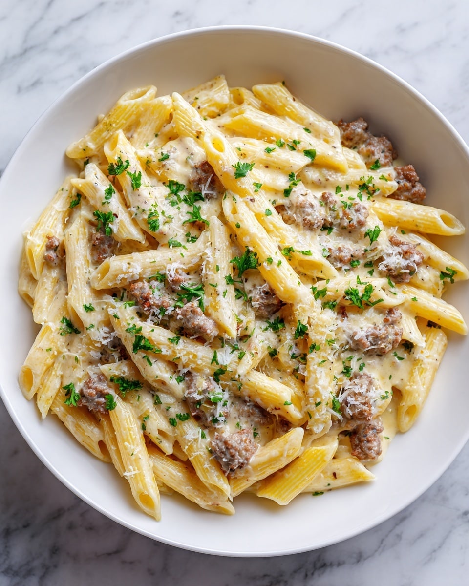 A white bowl is filled with a creamy pasta dish with three main layers. The bottom layer is golden yellow penne pasta, soft and glossy. On top of that is a layer of crumbled brown cooked meat spread evenly. The whole dish is covered in a rich, smooth beige cheese sauce that coats the pasta and meat. Bright green chopped parsley is sprinkled generously over the top, adding a fresh color contrast. The bowl sits on a white marbled surface. photo taken with an iphone --ar 4:5 --v 7