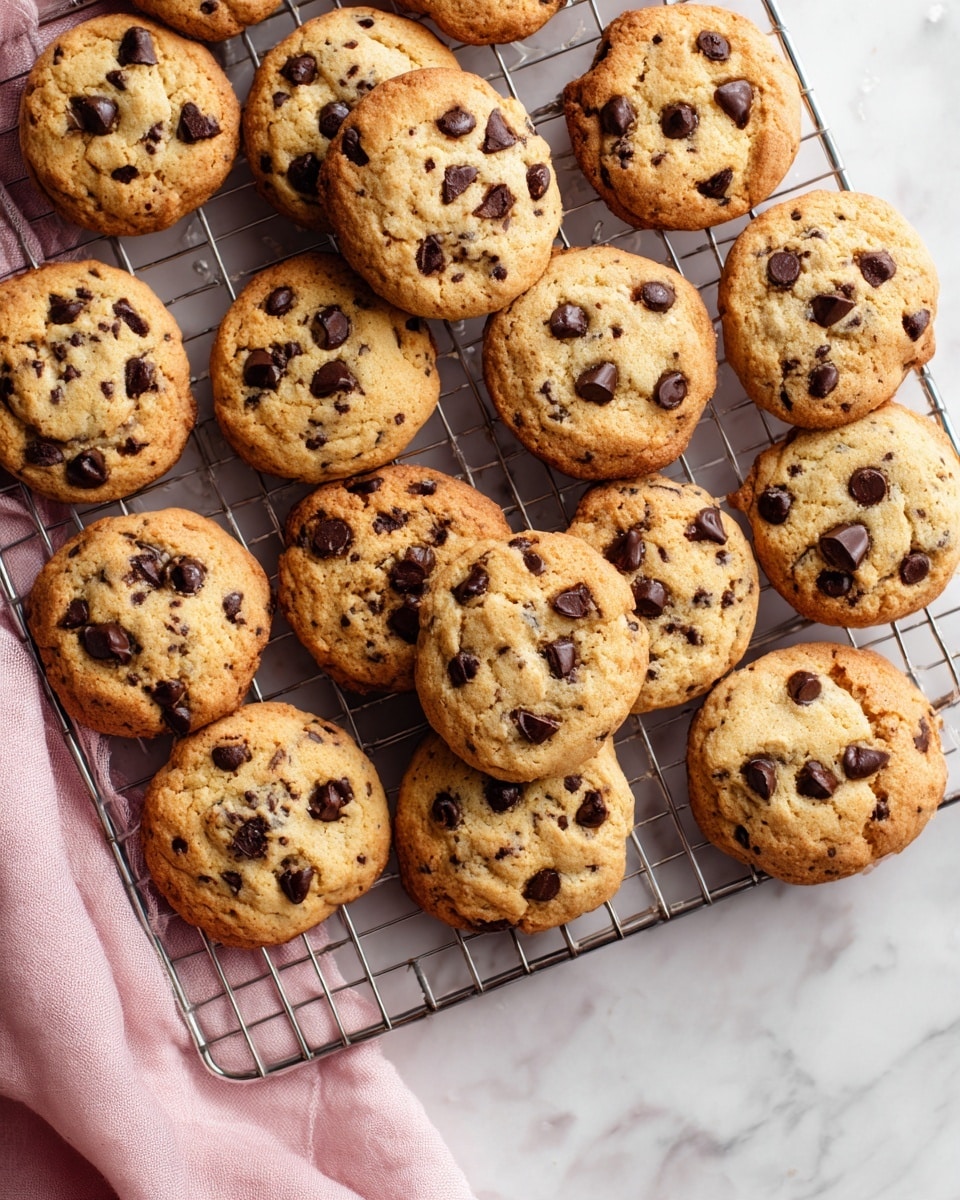 A cooling rack with 18 round chocolate chip cookies arranged in neat rows is shown on a white marbled surface. Each cookie has a light golden-brown base with a slightly soft texture, filled generously with dark brown chocolate chips scattered across the top layer. The cookies have small cracks and a slightly raised center, making them look thick and soft. There is a hint of pink cloth visible on the bottom left corner. Photo taken with an iphone --ar 4:5 --v 7