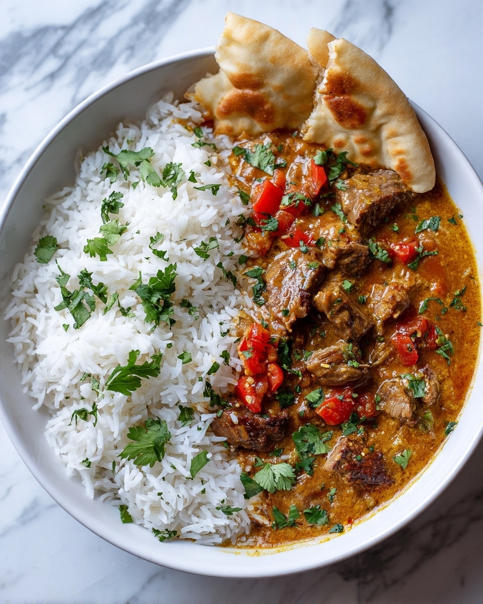 A white bowl contains two main layers side by side; on the left is fluffy white rice topped with small fresh green cilantro leaves, and on the right is a brown curry with a creamy texture filled with large chunks of tender meat and pieces of red pepper, all also sprinkled with cilantro leaves. At the back of the bowl, there are two pieces of white flatbread leaning against the side. The bowl is placed on a white marbled surface. Photo taken with an iphone --ar 4:5 --v 7