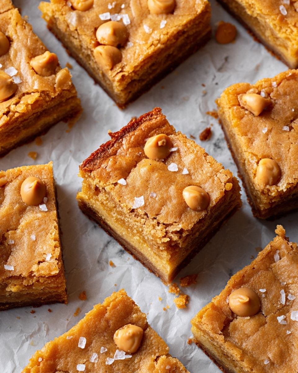 Several square blondie pieces with a golden brown cracked top layer cover a white marbled surface. Each blondie has small light brown butterscotch chips embedded in the top layer and is sprinkled with small flakes of salt. The inside of a few pieces shows a moist, dense texture with a slightly darker color. The pieces are placed close together, with some partially overlapping, showing a warm, baked look. photo taken with an iphone --ar 4:5 --v 7
