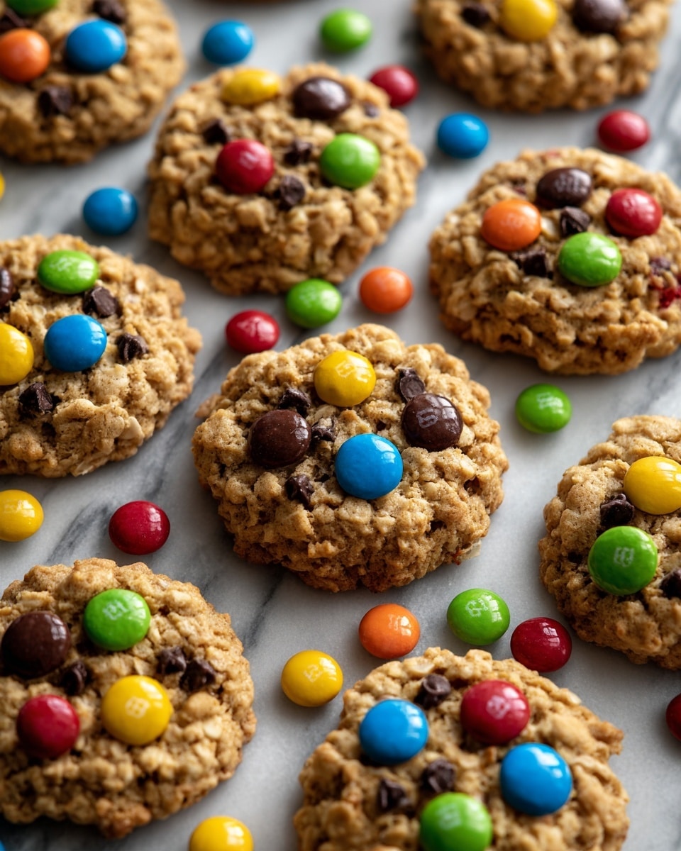 The image shows several golden brown cookies with a rough texture, each topped with bright, colorful candy pieces in red, green, blue, yellow, orange, and brown. These cookies are placed directly on a bed of small, round, shiny candies in the same bright colors, filling the entire image with a lively mix of hues. The cookies are thick and slightly cracked, with the candies partly embedded inside and on the surface. The background is a white marbled texture. photo taken with an iphone --ar 4:5 --v 7