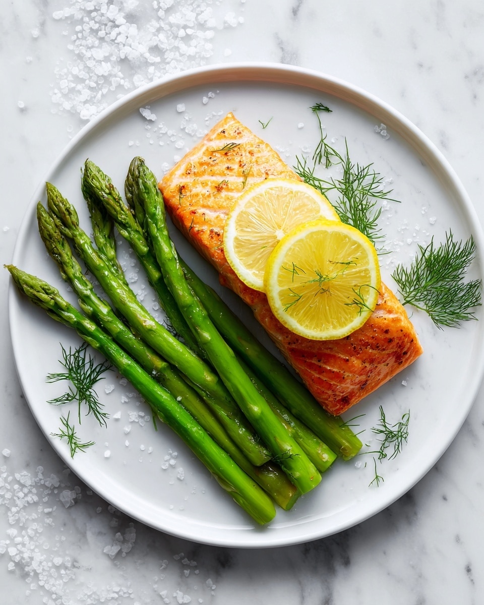 The image shows a single piece of cooked salmon with a light pink-orange color and a slightly crispy surface. On top of the salmon, there is a thin lemon slice placed near the center along with two small sprigs of green dill. To the right of the salmon, there is a small bunch of bright green asparagus spears arranged close together. The food is served on a round, white plate with small grains of coarse salt scattered around. The plate is on a white marbled background. photo taken with an iphone --ar 4:5 --v 7