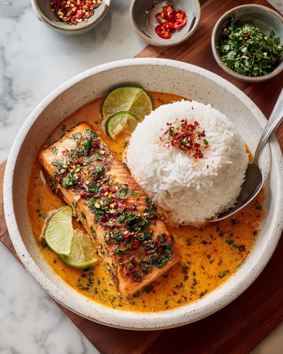 A white speckled bowl contains a dish with three main layers: on the left, there is a golden-brown cooked fish piece sprinkled with red chili flakes and chopped green herbs; next to it on the right is a mound of fluffy white rice topped with more red chili flakes and green herbs; both rest in a shallow pool of orange creamy sauce spread at the bottom. Two thin lime slices sit on the rice near the fish, adding a fresh green color contrast. A silver spoon with a long handle rests on the edge of the bowl. The bowl is placed on a white marbled surface with small bowls of dark red chili flakes and green chopped herbs visible nearby. Photo taken with an iphone --ar 4:5 --v 7