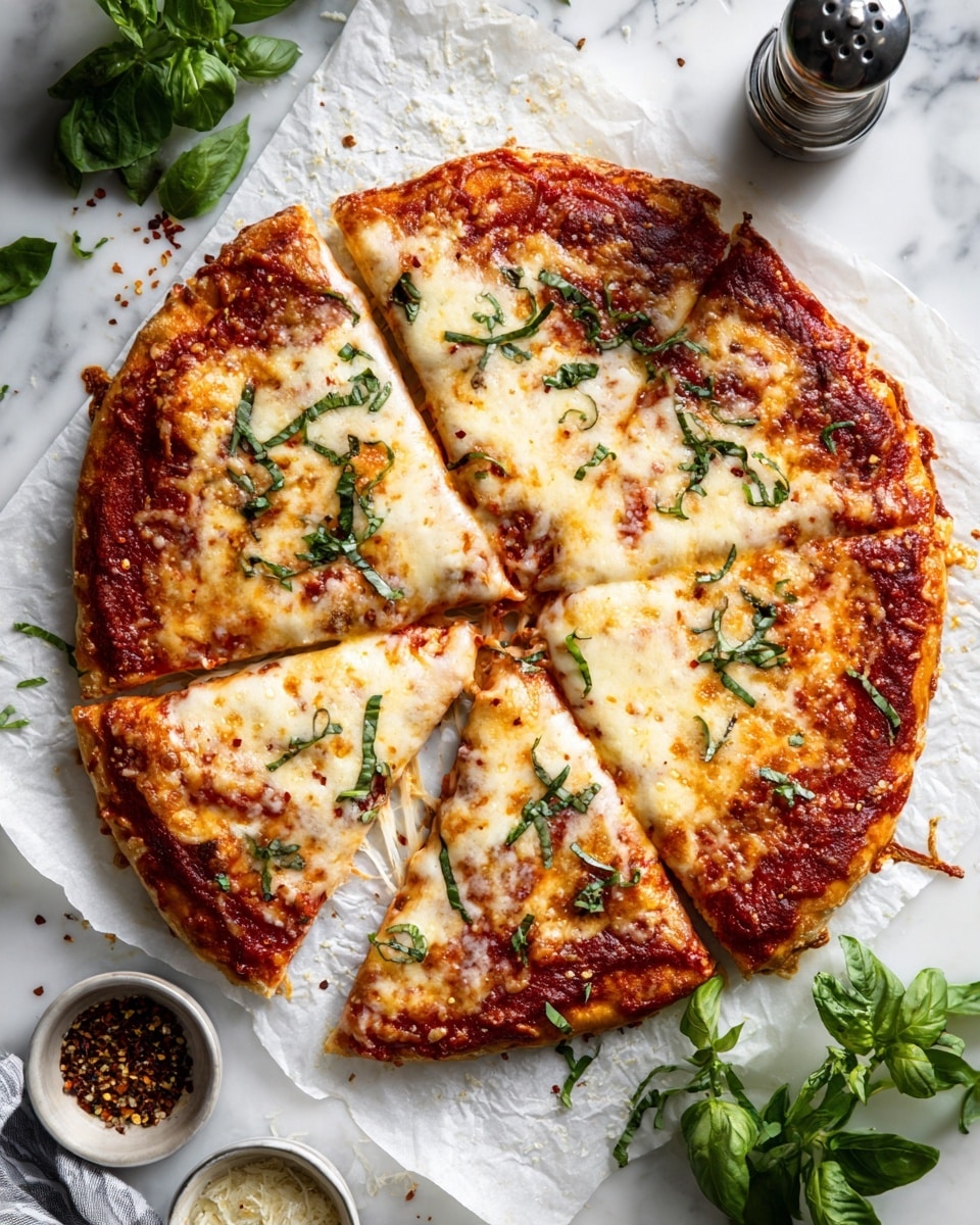 A round pizza sliced into six pieces on a sheet of white paper over a white marbled surface, showing three visible layers: a light golden-brown crust at the bottom, a deep red tomato sauce layer in the middle, and a top layer of melted white to light golden cheese with some brown spots. Fresh bright green basil leaves and scattered small dark red chili flakes garnish the top. Around the pizza, there are scattered basil leaves and two small white bowls, one filled with red chili flakes and the other with grated Parmesan cheese. A glass shaker with grated cheese is at the top right corner. Photo taken with an iphone --ar 4:5 --v 7