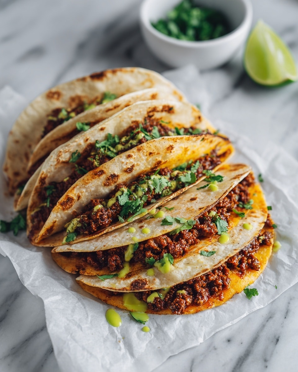 A close-up of several folded tacos stacked unevenly on a white marbled surface, each taco showing three layers: the soft light beige tortilla on the bottom, a crispy cooked reddish-brown meat layer with bits clinging to edges in the middle, and green chopped cilantro pieces sprinkled on top along with small flakes of red chili and a light yellow creamy sauce drizzled across the layers; a slice of light green lime and a small white bowl of chopped cilantro sit blurred in the background. photo taken with an iphone --ar 4:5 --v 7