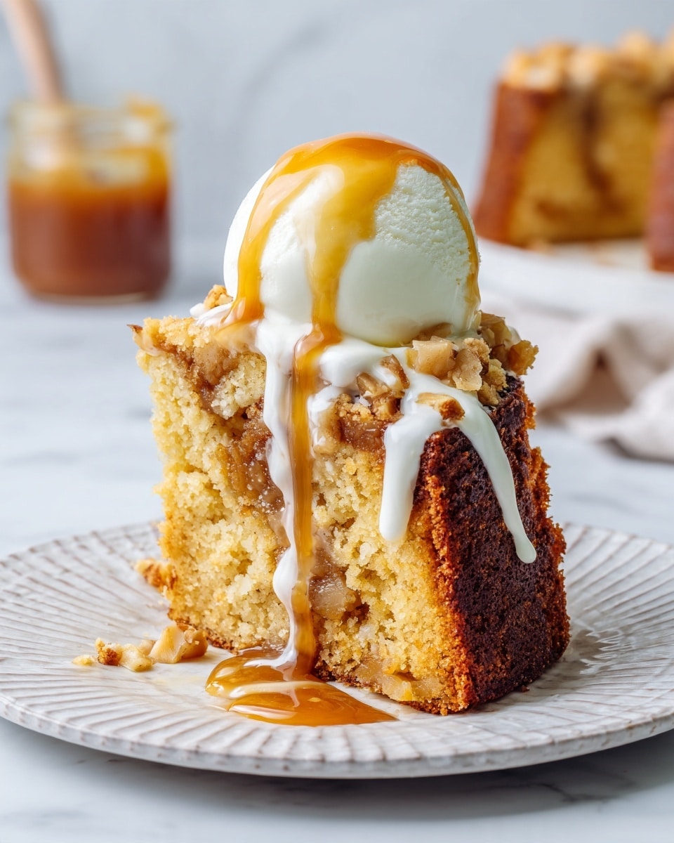 A thick slice of golden brown cake with visible soft, moist layers and a slightly crunchy top layer sits on a white patterned plate. The cake has light tan and cinnamon swirl patterns inside. On top of the cake is a round scoop of white ice cream with a smooth texture, slowly melting and dripping down the sides. A sticky light amber sauce is drizzled over the ice cream and cake, pooling at the base. In the background, more slices of cake and a small jar with the same sauce can be seen on a white marbled surface. Photo taken with an iphone --ar 4:5 --v 7