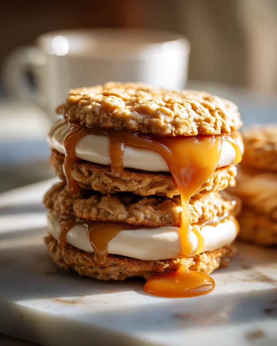 The image shows a close-up of stacked oatmeal cookie sandwiches with a creamy light beige filling between each cookie. The cookies have a rough texture with visible oats and a golden-brown color. Some filling oozes slightly out from the edges, and a sticky caramel sauce drips down the sides of the sandwich layers. The cookies are placed on a white marbled surface, with a white cup blurred in the background. The light highlights the texture and shine of the caramel and creamy filling, making the cookies look soft and moist photo taken with an iphone --ar 4:5 --v 7