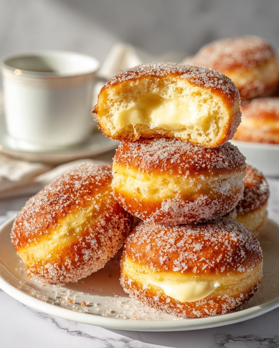 A close-up view of a pile of round doughnuts coated in fine granulated sugar with a cinnamon tint, showing a torn doughnut at the center that reveals a creamy white custard filling inside a soft and airy golden-brown dough. The doughnuts sit on a white plate placed on a white marbled surface, and a white cup with light-colored coffee is blurred in the background. Warm sunlight highlights the sugar crystals and the texture of the dough, enhancing the inviting look of the doughnuts. photo taken with an iphone --ar 4:5 --v 7