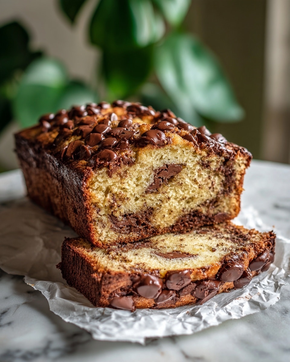 A close-up view of a sliced banana bread loaf with chocolate chips scattered throughout the light brown, moist cake inside. The top layer is darker brown with a rough texture and is covered with many shiny, melted chocolate chips. The bottom layer shows the same cake texture mixed with melted chocolate chunks, some spreading outside of the loaf. The loaf rests on a white marbled surface with soft natural light coming from the background, highlighting the moist texture and chocolate details. Photo taken with an iphone --ar 4:5 --v 7