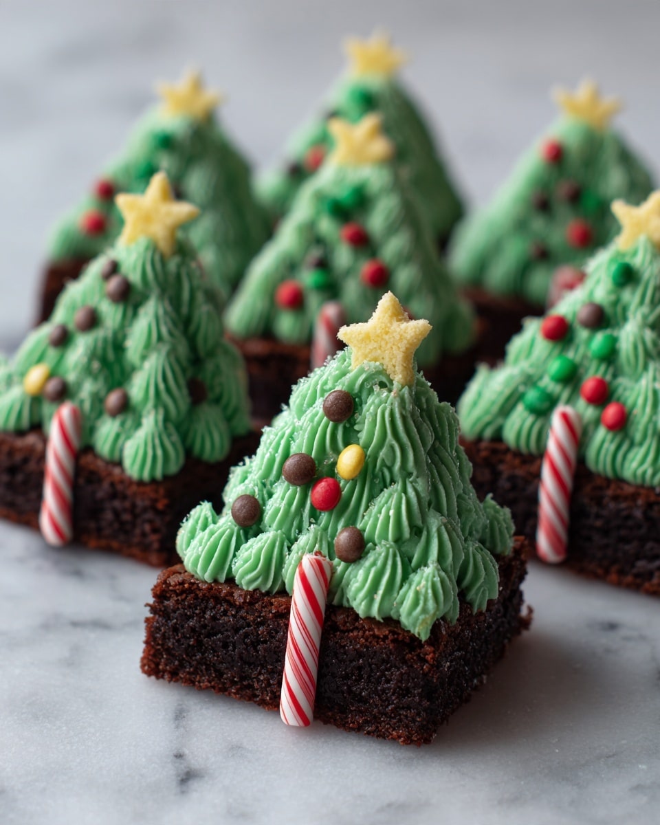 The image shows a close-up of several triangular brownies shaped like Christmas trees, each made up of two layers: a dark brown, textured brownie base and a thick layer of bright green frosting shaped like tree branches. The green frosting zigzags across the top of each brownie with a smooth, creamy texture. Small, colorful candy decorations in red, yellow, and blue are scattered along the frosting like ornaments. A yellow star-shaped candy tops each tree, and a small peppermint candy stick forms the tree trunk at the bottom center of each brownie. These brownies are placed on a white marbled surface. Photo taken with an iphone --ar 4:5 --v 7
