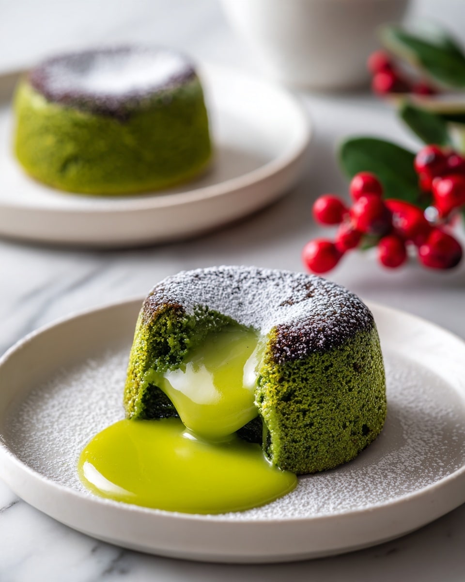 The image shows a green matcha lava cake on a white plate with a round shape, topped with a light dusting of powdered sugar. The outer layer has a soft, spongy texture with a rough green surface. The cake is opened in the front, showing a flowing, shiny green liquid matcha filling mixed with white cream that is smooth and glossy, spreading out on the plate. In the background, there is another whole green matcha lava cake on a white plate and a bunch of small red berries on a white marbled surface. photo taken with an iphone --ar 4:5 --v 7