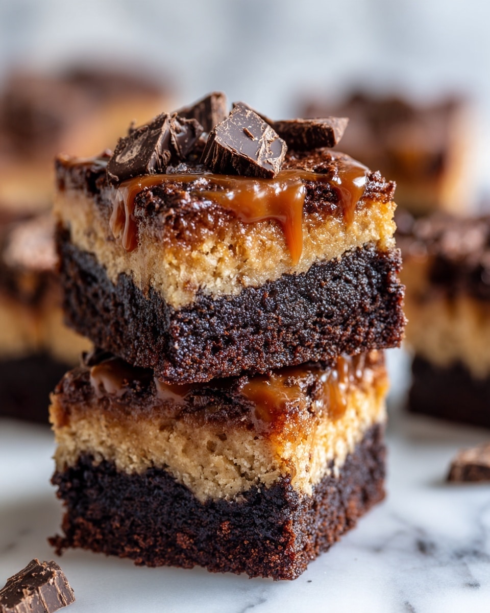 A close-up view of a stack of rich, square dessert bars with three visible layers: the bottom layer is a dense, dark brown crumbly base, the middle layer is a smooth, lighter caramel-colored filling, and the top layer is textured with bits of crumb topping and chunks of dark chocolate scattered across, along with thin drizzles of caramel sauce. The dessert bars have a slightly rough surface with a mix of soft and crunchy textures, arranged on a white marbled surface. Photo taken with an iphone --ar 4:5 --v 7