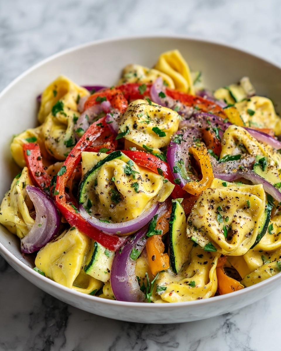 A white bowl filled with three main layers: the bottom layer is sliced green zucchini pieces with thin slices of yellow and red bell peppers; the middle layer consists of cooked tortellini pasta that is pale yellow with a slightly firm texture; the top layer is a mix of thinly sliced red onions, chopped green herbs, and black pepper sprinkled all over. The tortellini are folded in round shapes with visible seasoning and herbs on them. The bowl sits on a white marbled surface. photo taken with an iphone --ar 4:5 --v 7
