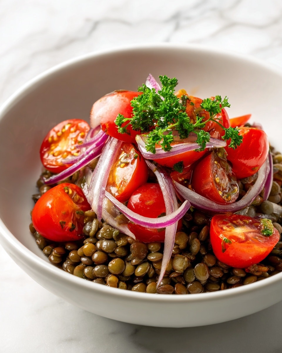 A white bowl filled with a colorful lentil salad placed on a white marbled surface. The base layer is made of brown lentils, covering the whole bottom of the bowl with a firm texture. On top of the lentils, there are bright red halved cherry tomatoes scattered evenly, adding a juicy and smooth layer. Thin slices of purple onion are spread across the salad, curling slightly and creating a fresh crisp layer. Finely chopped green herbs are sprinkled over everything, adding small pops of bright green color. The overall look is fresh, vibrant, and healthy. photo taken with an iphone --ar 4:5 --v 7