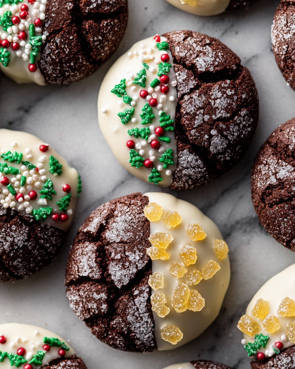 The image shows several round dark brown crinkle cookies with a cracked surface, each cookie partially dipped in either white or dark chocolate. The white chocolate dipped area is smooth and shiny, some topped with green candy pieces shaped like Christmas trees and small red and white heart-shaped sprinkles, alongside tiny red, white, and green round sprinkles. The dark chocolate dipped part is adorned with small yellow candied ginger pieces or the same Christmas tree and heart sprinkles. Each cookie has a light dusting of granulated sugar on the exposed crinkled surface, all placed closely together on a white marbled background with crinkled parchment paper underneath. Photo taken with an iphone --ar 4:5 --v 7