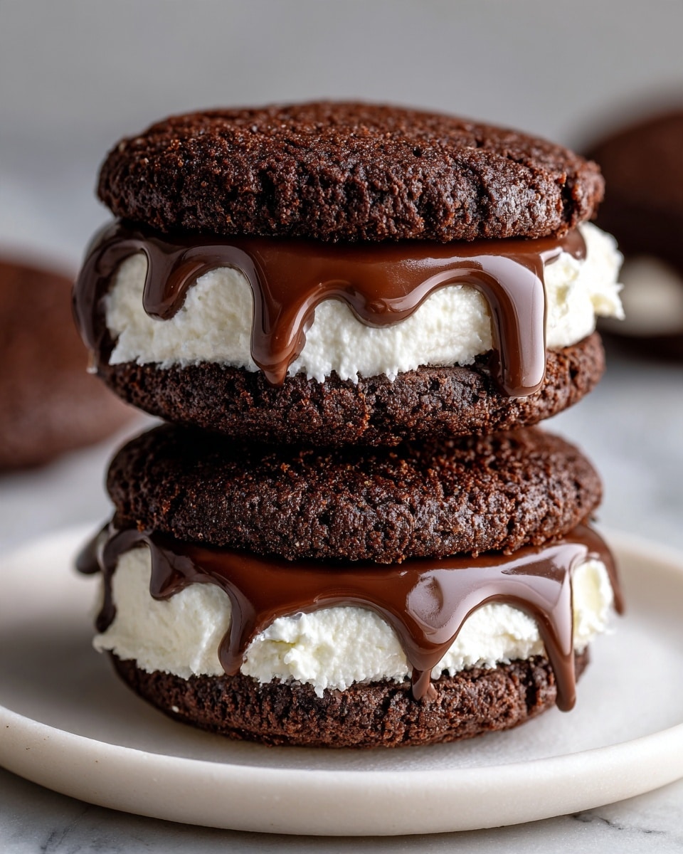 The image shows two chocolate cookie sandwiches stacked on a white plate with a white marbled texture under it. Each sandwich has three layers: the bottom and middle are dark, soft, and textured chocolate cookies. The middle layer of each sandwich is a thick, creamy white filling. The top cookie of each sandwich is partially covered in glossy dark chocolate sauce, dripping slightly over the white filling and cookie edges, giving a smooth and shiny look. The focus is close on the layers, and the background is a soft blurry white marbled texture. photo taken with an iphone --ar 4:5 --v 7