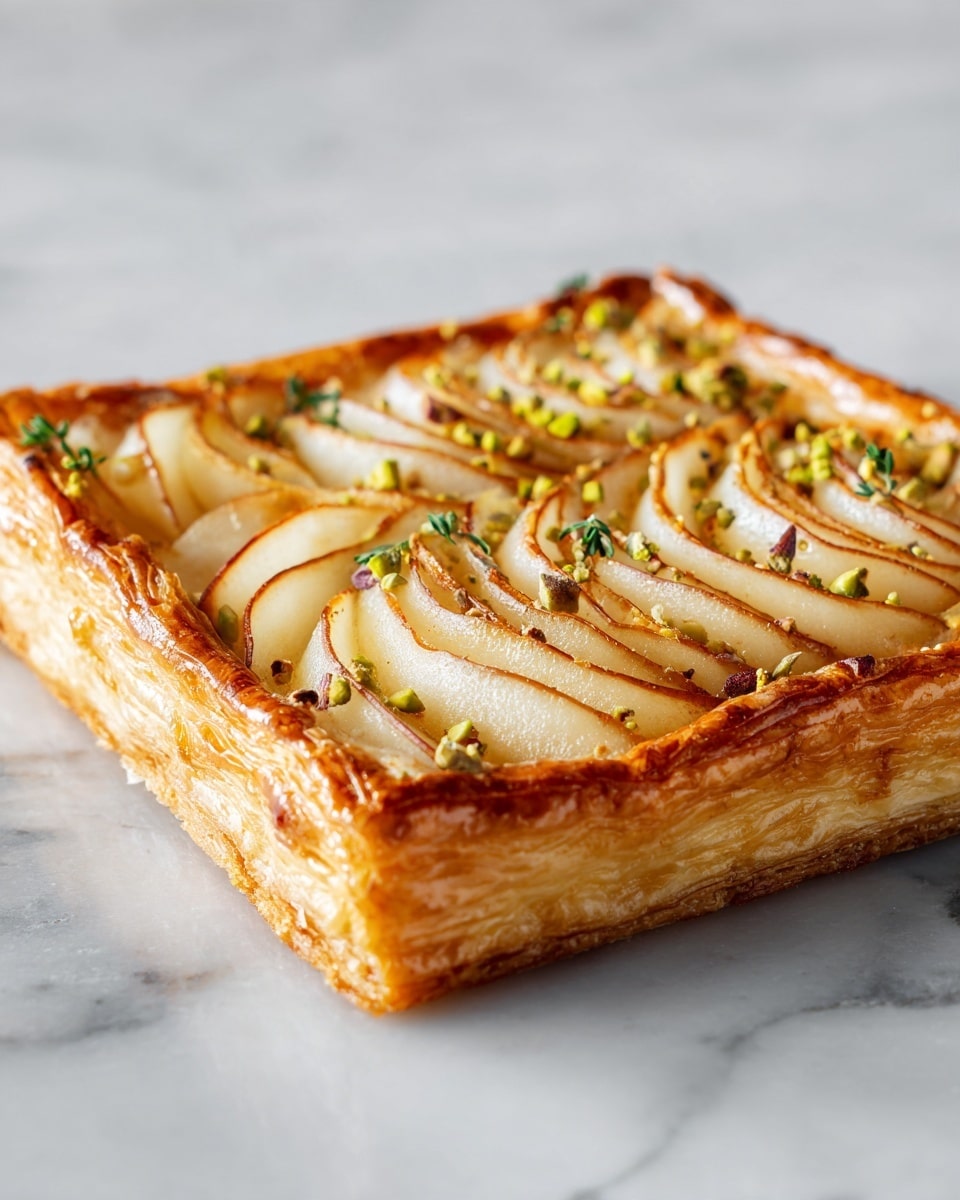 A golden-brown rectangular puff pastry tart with thick, shiny crust edges forms the base. On top, thin layers of sliced pears with light beige flesh and reddish-brown skin overlap in a swirling, patterned way covering the whole tart. Scattered greenish-yellow pistachio nuts add texture and color contrast across the pears. Small green thyme leaves are spread evenly, enhancing freshness. The entire tart rests on white parchment paper, set against a white marbled surface. photo taken with an iphone --ar 4:5 --v 7