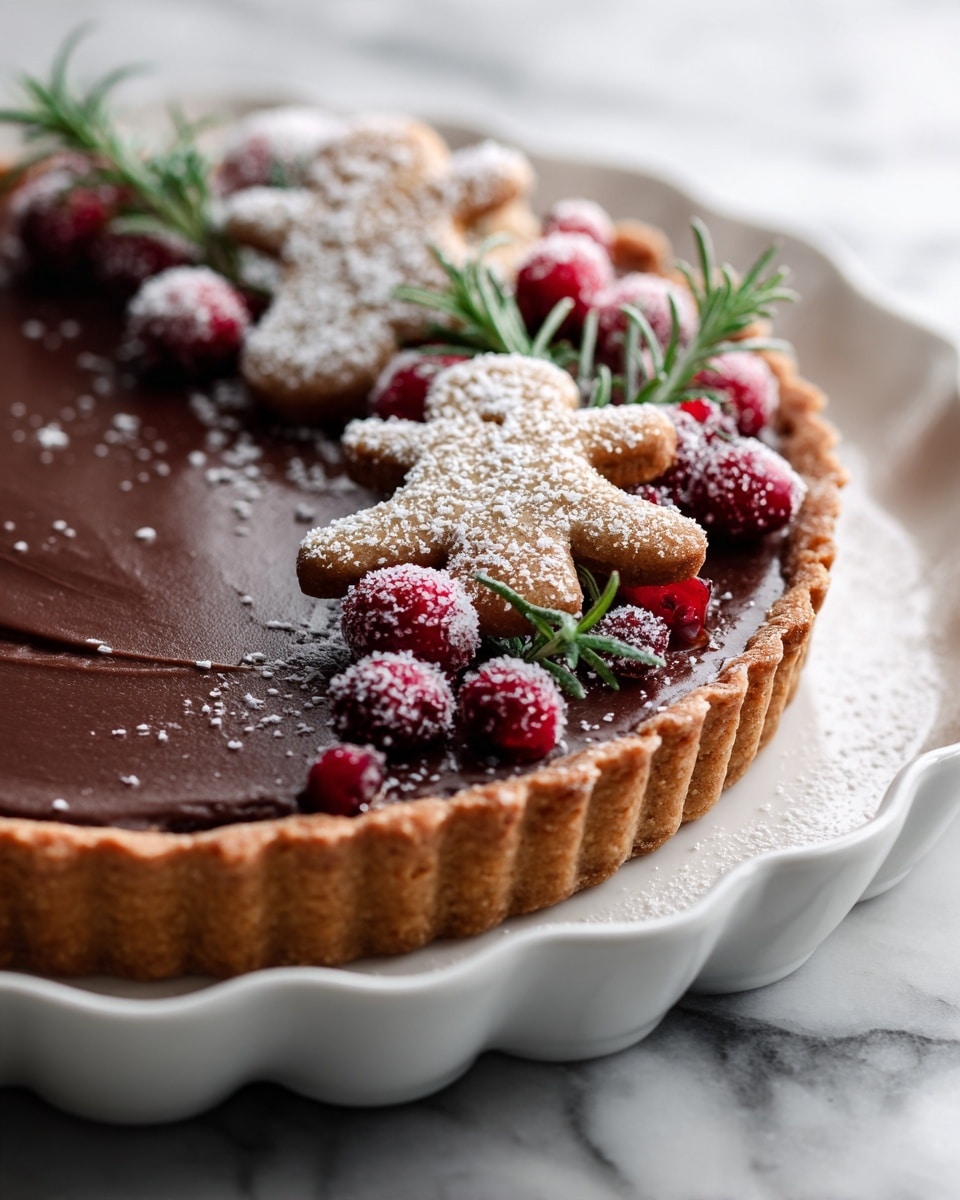 A round tart with one thick layer of smooth, dark brown chocolate filling sits in a white scalloped edge tart pan. The tart is decorated on the left side with gingerbread cookies of various sizes and shapes, lightly dusted in white powdered sugar. Among the cookies are bright red sugared cranberries with a frosted texture and several fresh green sprigs of rosemary, adding a lively contrast. The tart is placed on a white marbled surface. photo taken with an iphone --ar 4:5 --v 7
