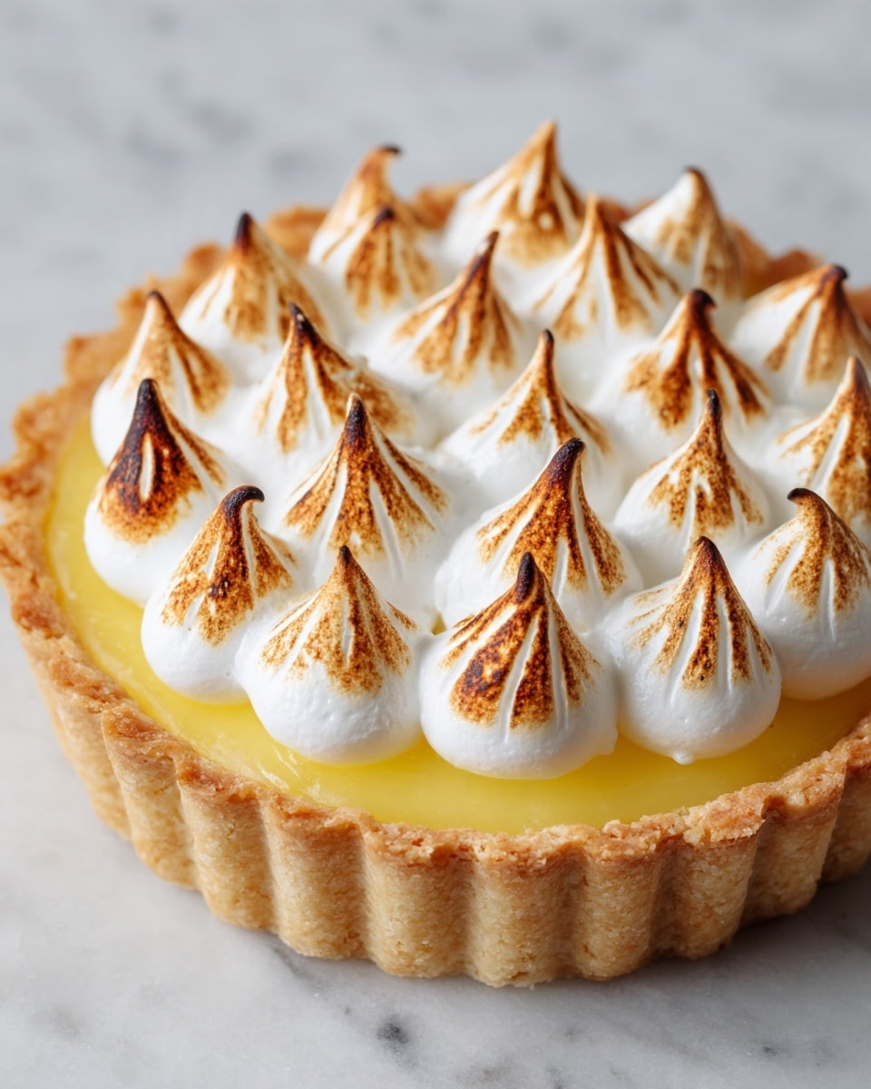 A small tart with three visible layers: the bottom layer is a light golden brown crumbly crust with a scalloped edge, the middle layer is a smooth, bright yellow lemon filling, and the top layer is made up of multiple white dollops of toasted meringue, each with golden brown striped ridges and pointed peaks. The tart is placed on a white marbled surface, with parts of similar tarts visible in the background. Photo taken with an iphone --ar 4:5 --v 7