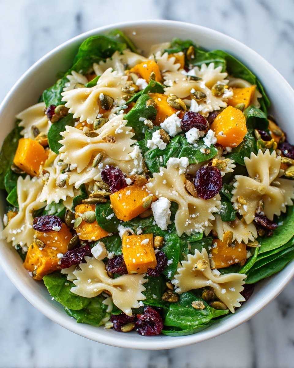 A white bowl filled with a colorful salad, starting with a base layer of fresh green spinach leaves. On top are bright orange cubes of roasted butternut squash scattered throughout. There are creamy white bits of feta cheese sprinkled lightly around. Farfalle pasta pieces, pale yellow in color, are spread evenly on the salad. Pumpkin seeds and dark red dried cranberries are sprinkled on top, adding texture and color contrast. The salad looks fresh and vibrant, all placed on a white marbled surface. Photo taken with an iphone --ar 4:5 --v 7