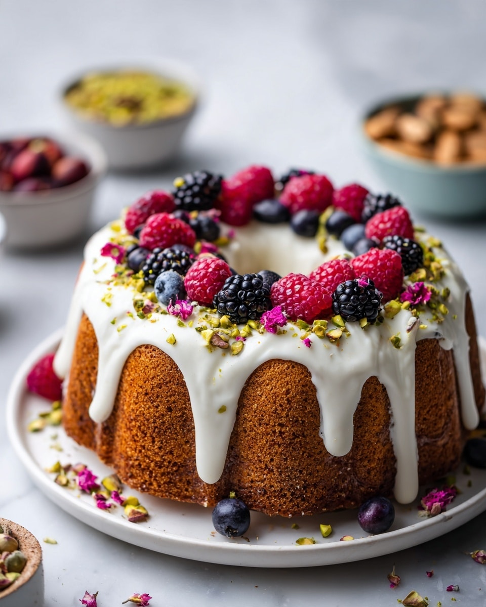 A round bundt cake with a brown, textured base sits on a white plate with a white marbled surface underneath. The top of the cake is covered with a thick white glaze that drips down the sides unevenly, creating a smooth, creamy layer. On top of the glaze, there is a ring of mixed fresh berries, including bright red raspberries, dark blackberries, and small blue blueberries, arranged evenly around the center hole. Scattered among the berries are crushed green pistachios and delicate pink rose petals, adding color and texture. Around the plate, there are whole pistachios and some loose pistachio pieces and rose petals scattered artistically. In the background, small white bowls hold more pistachios, raspberries, blueberries, and rose petals. photo taken with an iphone --ar 4:5 --v 7