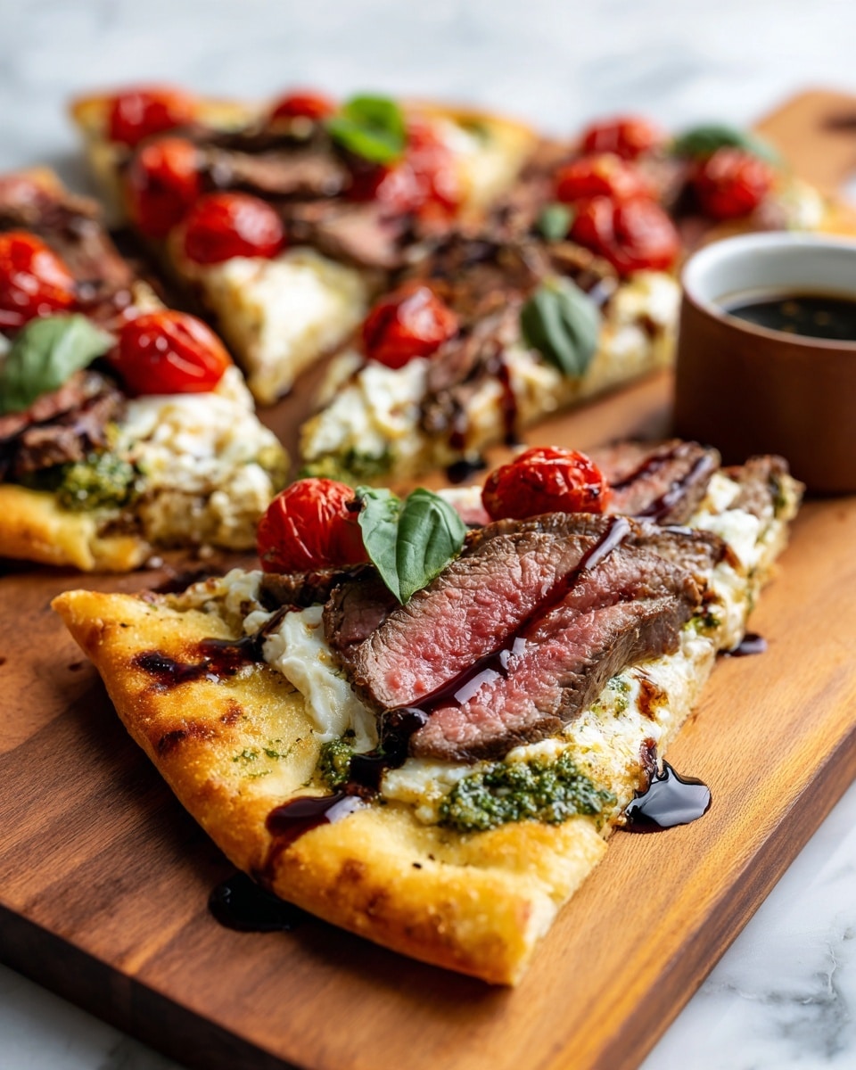 A flatbread pizza slice with a crispy, golden crust forms the base layer. On top, there are white, melted cheese blobs evenly spread, followed by medium-rare sliced steak pieces with a dark seared edge and a pink center. Bright red roasted cherry tomatoes are placed over the steak, adding a pop of color. A green pesto sauce is drizzled in small patches across the slice, and a few fresh green basil leaves sit on top. Finally, a dark brown balsamic glaze is drizzled over everything. The flatbread is served on a wooden board with a small bowl of sauce in the background on a white marbled surface photo taken with an iphone --ar 4:5 --v 7