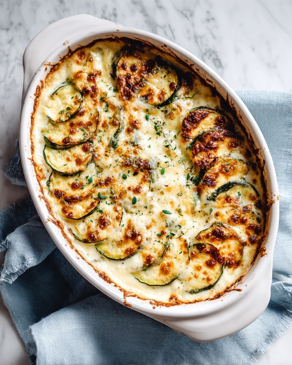 A white oval dish filled with a baked zucchini gratin, showing two main layers: a bottom layer of creamy, melted white cheese sauce, and a top layer of round, green zucchini slices partially covered with melted cheese that is golden brown in spots. Small green herb pieces are scattered evenly on top, adding a fresh contrast to the creamy white and green colors. The dish sits on a light blue cloth, with a white marbled surface beneath. photo taken with an iphone --ar 4:5 --v 7