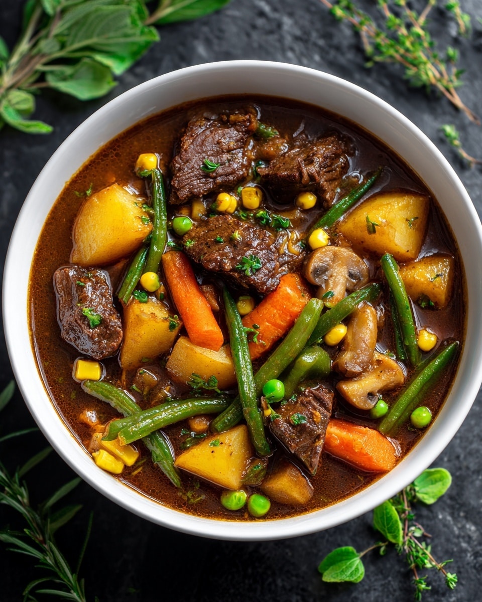 A white bowl filled with a thick brown stew showing layers of ingredients; large orange carrot slices and yellow potato chunks are visible along with green beans, peas, and bits of yellow corn evenly mixed. Dark brown pieces of tender beef are scattered throughout, paired with slices of soft brown mushrooms. Fresh green herbs are sprinkled on top for a final touch. The bowl sits on a white marbled surface surrounded by sprigs of green herbs. Photo taken with an iphone --ar 4:5 --v 7