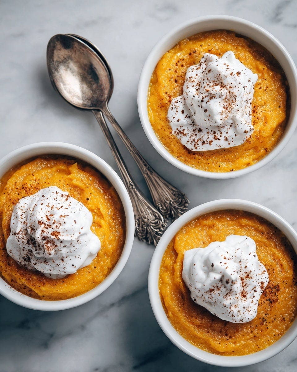 Three white bowls sit on a white marbled surface, each filled with a bright orange mashed pumpkin mixture with a slightly rough texture. On top of each bowl is a dollop of white whipped cream sprinkled lightly with brown cinnamon powder. A silver spoon holds some of the orange pumpkin mash and rests near the bowls, catching light. The scene is bright and clear, with soft natural lighting highlighting the colors and textures. Photo taken with an iphone --ar 4:5 --v 7