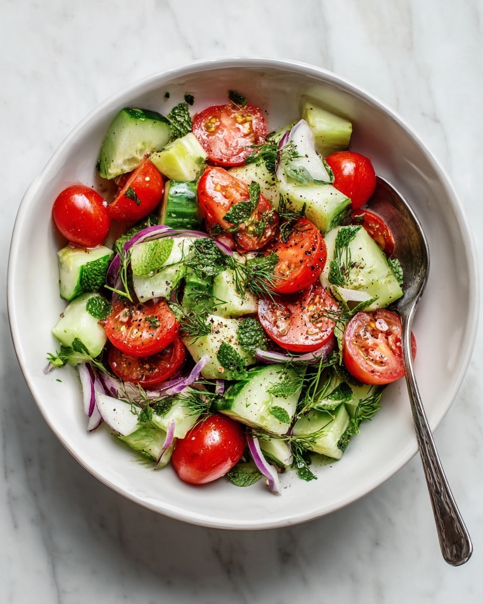 The image shows a fresh salad in a white bowl sitting on a white marbled surface. The salad has three main layers: bright red cherry tomatoes, both whole and halved; light green cucumber pieces with a bit of skin still on; and thin slices of purple-red onion spread throughout. Scattered among these are fresh green mint leaves and parsley, adding texture and contrast. The salad is sprinkled with black pepper and has a light shine from dressing. A metal spoon in the bowl holds some salad, with a woman's hand gently holding the spoon handle. photo taken with an iphone --ar 4:5 --v 7