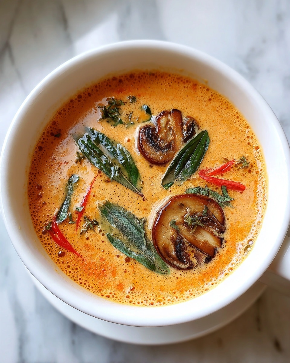 A white cup filled with creamy orange soup topped with three slices of grilled mushrooms placed near the edges and vibrant red bell pepper strips scattered throughout the surface. Three fresh green basil leaves rest on top, adding a pop of color. The cup handle is visible on the right side, and the background is a white marbled texture. photo taken with an iphone --ar 4:5 --v 7