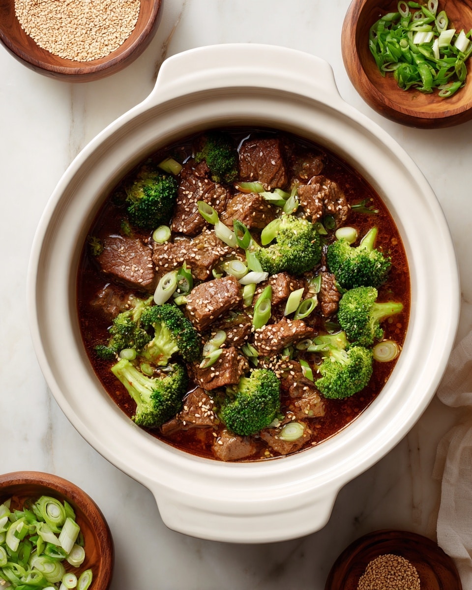 The dish shows a white slow cooker filled with dark brown sauce as the base layer, with juicy brown sliced beef pieces scattered on top. Bright green broccoli florets are placed among the beef, creating contrast in color and texture. Thin light green slices of green onion are sprinkled evenly over the beef and broccoli, along with small beige sesame seeds. The slow cooker is set on a white marbled surface, and some light green onion slices and sesame seeds are visible off to the side. Photo taken with an iphone --ar 4:5 --v 7