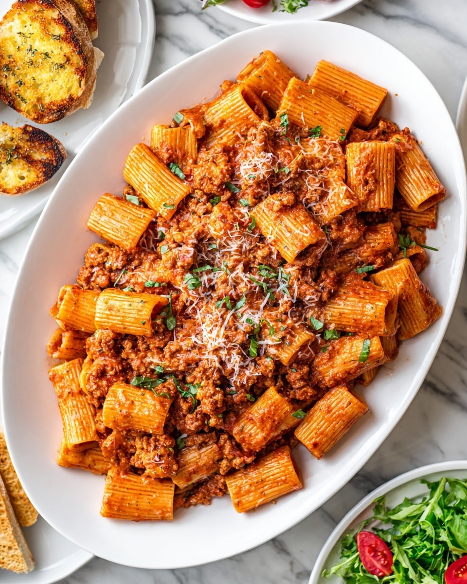 A white oval plate filled with rigatoni pasta covered in a rich red-orange tomato meat sauce, with visible small pieces of ground meat and diced vegetables mixed throughout the pasta. On top, there is a light sprinkle of finely grated white cheese and small green herb pieces scattered over the dish. The plate rests on a white marbled surface, with a piece of toasted garlic bread placed nearby. Photo taken with an iphone --ar 4:5 --v 7