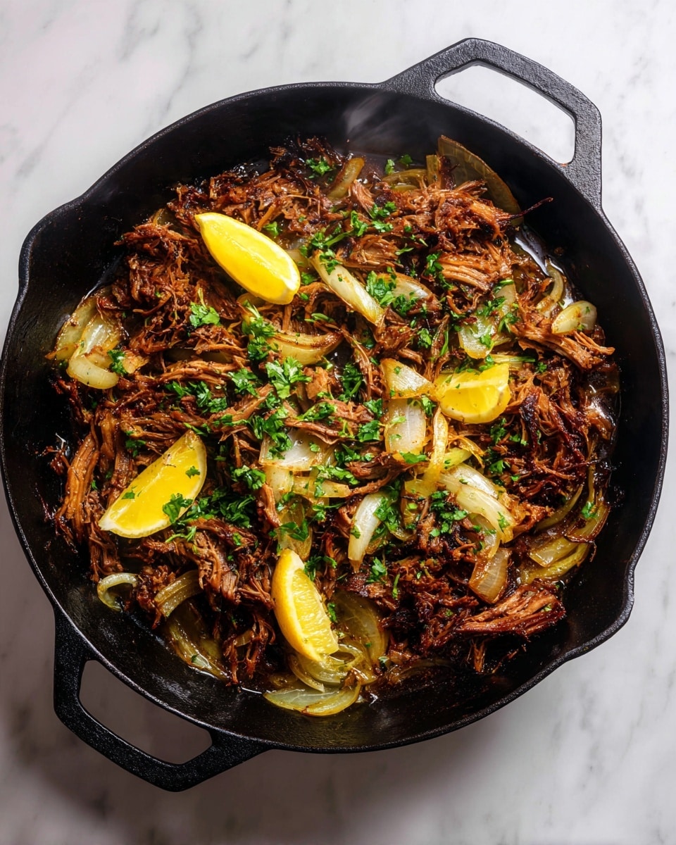 A close-up view of a cast iron pot filled with dark brown shredded meat that looks tender and juicy, mixed with caramelized light golden onion slices and bright orange and green citrus wedges scattered throughout. Fresh green cilantro leaves are sprinkled over the top, adding a fresh touch. Steam rises gently, indicating the food is hot. The pot is black with a rough texture, sitting on a white marbled surface. photo taken with an iphone --ar 4:5 --v 7