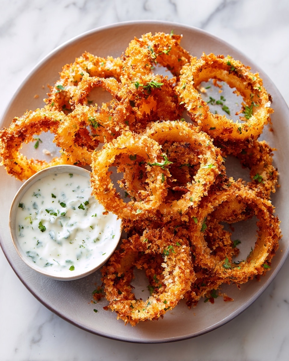 A white plate is filled with a stack of golden brown fried onion rings, each one thick with a crunchy, textured coating and light green parsley sprinkled on top. They are piled casually, showing the crispy edges and soft inside of the rings. On the right side of the plate, there is a small round bowl with white creamy sauce mixed with small green herb pieces, adding a fresh look to the dish. The background is a white marbled surface. photo taken with an iphone --ar 4:5 --v 7