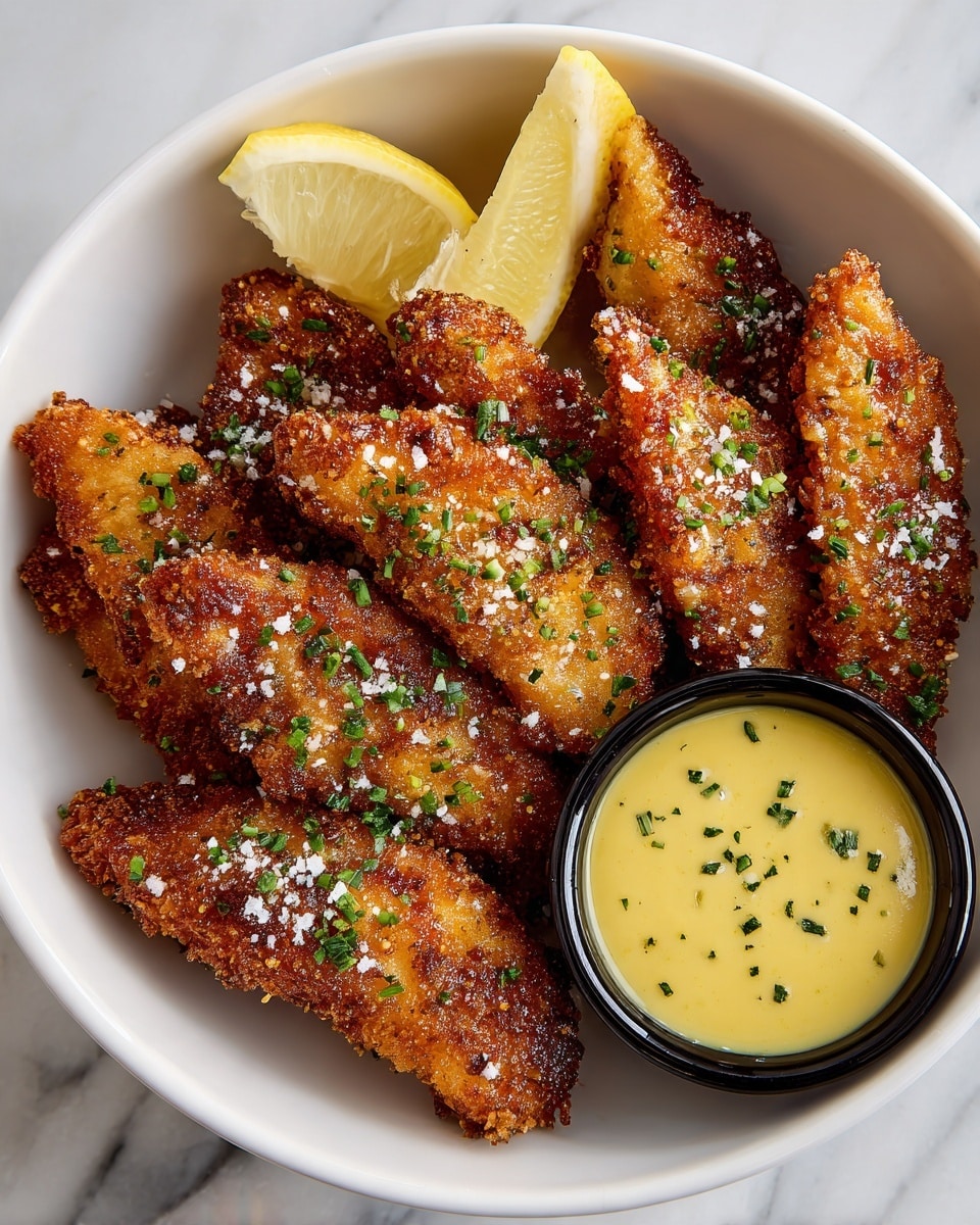The image shows a round white plate filled with several crispy golden-brown fried chicken strips arranged in layers, sprinkled evenly with small green herb pieces and coarse salt. On the top right side of the plate, there is a black bowl filled with smooth yellow dipping sauce, also garnished with small green herbs. Two lemon wedges are placed near the top edge of the plate, adding a fresh yellow color contrast. The plate sits on a white marbled surface, creating a clean and bright background. photo taken with an iphone --ar 4:5 --v 7