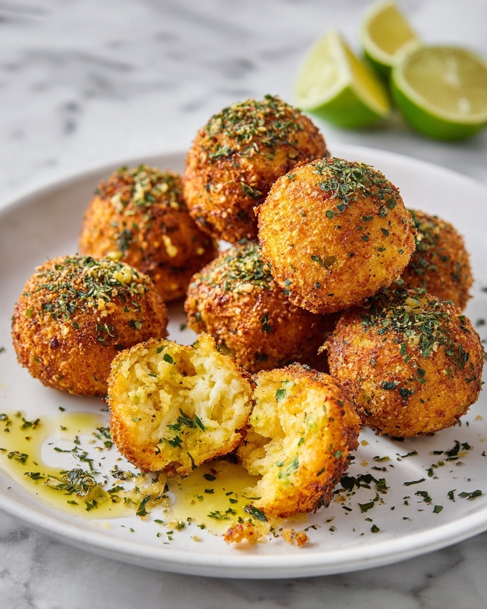 The image shows a white plate filled with nine golden brown fried balls with a crispy outer layer. One ball is broken open at the front, revealing a soft, light yellow inside with some green herb bits. The balls are sprinkled with finely chopped green herbs and sit in a pool of melted butter or oil. In the background, there are two lime wedges placed on the plate. The plate rests on a white marbled surface. photo taken with an iphone --ar 4:5 --v 7
