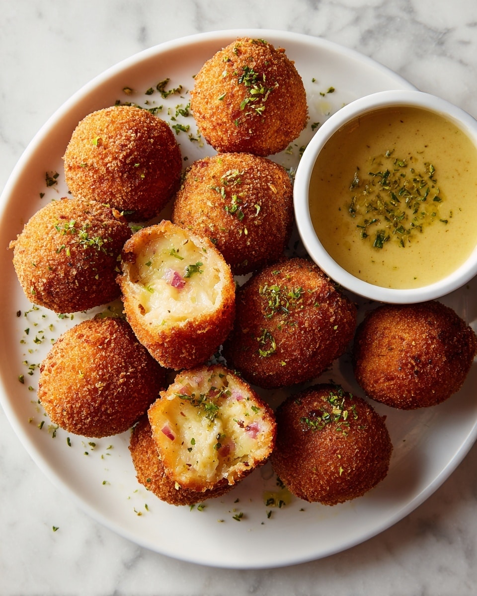 A bowl filled with about ten golden-brown, crispy fried balls with a rough, crunchy texture, speckled with bits of green herbs on top. One ball is broken open, showing a soft, creamy interior with melted cheese and bits of pink meat mixed inside. Next to the balls, a small white bowl contains a creamy yellow sauce sprinkled with green herbs. The bowl sits on a white marbled surface with a green cloth partially under it. photo taken with an iphone --ar 4:5 --v 7