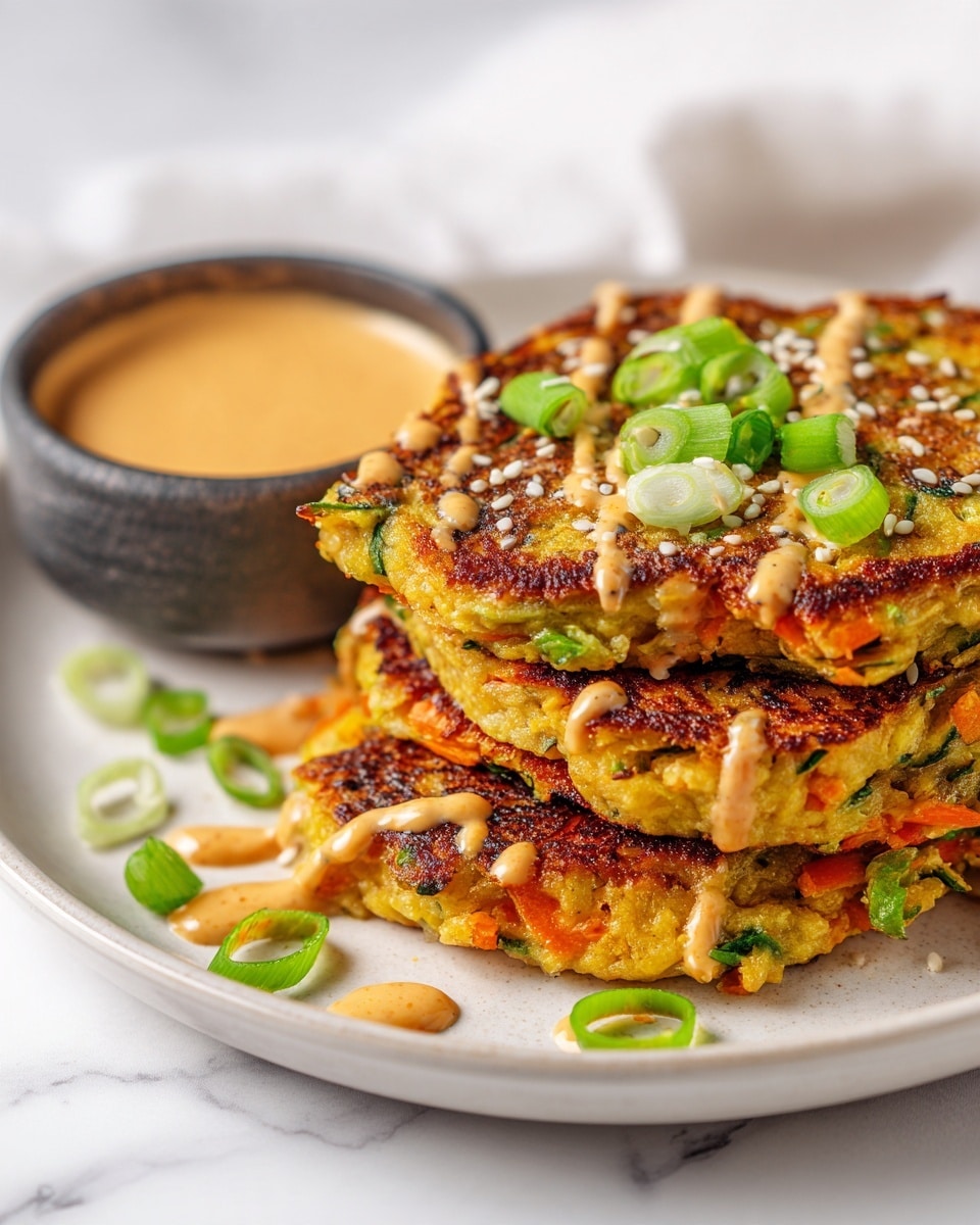 The image shows three golden-brown vegetable pancakes stacked on a white plate with a white marbled background. The pancakes have a textured surface with visible pieces of shredded carrot, cabbage, and green herbs, giving them a slightly rough and colorful look. They are topped with a light orange sauce drizzled in thin lines and sprinkled with thinly sliced green onions and white sesame seeds. On the top-left side of the plate, there is a small dark bowl filled with the same light orange sauce. The overall presentation is neat and vibrant, showing a mix of warm and fresh colors. Photo taken with an iphone --ar 4:5 --v 7