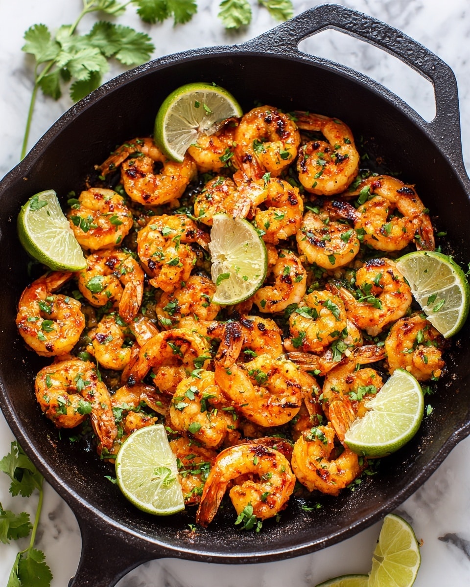A black cast iron pan filled with two layers: the first layer has shiny grilled shrimp with a light brown color and charred edges, arranged all over the pan; the second layer is scattered bright green chopped cilantro leaves on top of the shrimp and fresh lime wedges with a vibrant green peel and pale green flesh placed in small groups around the shrimp. The pan is on a white marbled surface with some green cilantro leaves scattered around. Photo taken with an iphone --ar 4:5 --v 7